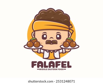 bonitinho homem desenho de mascote de desenhos animados com faláfel de comida do oriente médio, modelo de logotipo de comida, ilustração vetorial em estilo de contorno.