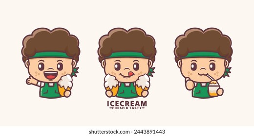 cute man cartoon mascot with ice cream, vector illustration in outline style