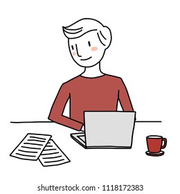Cute man in casual attire working on laptop. Papers, report and coffee cup displayed on desk. Man looking at report and typing document accordingly. Vector illustration with hand-drawn style.