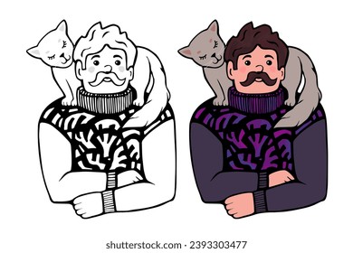 Un hombre lindo con un gato en sus hombros. Conjunto de ilustraciones de vector dibujadas a mano.