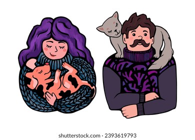 Cute man with cat on his shoulders and woman with dog. Set of Hand-drawn vector illustrations.