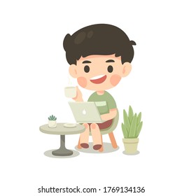 Cute man character cartoon work from home, illustration isolated vector