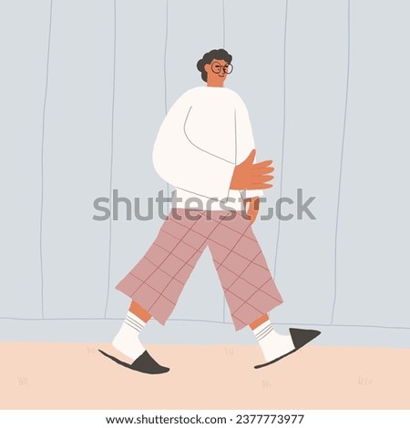 Cute man character with eyeglasses and curly hair walking in home clothing and slippers. Home man happy at staying at home.