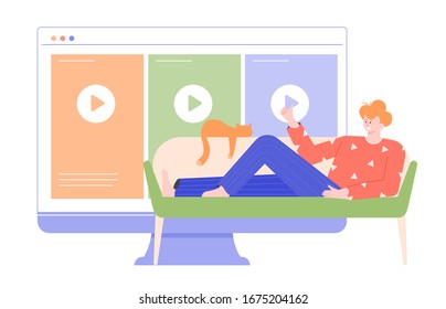 Cute man character is lying on the couch and watching movies, TV shows, series. The cat sleeps nearby. Large monitor with media content. Streaming service and online cinema. Vector flat illustration.