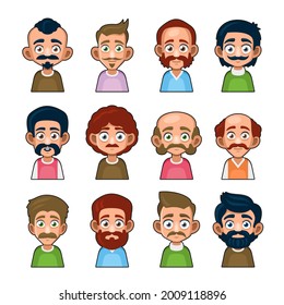 Cute Man Character Set with Mustache and Beard. Cartoon Userpic Icon. Vector