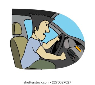 Cute Mann Charakter sitzend in seinem Fahrzeug versuchen, das Auto zu starten. Farbige Vektorgrafik im Cartoon-Stil.