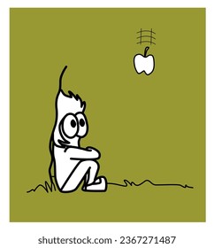 Cute man character sitting on the floor beside a tree trunk looking an apple falling down. Newton’s theory. Cartoon hand drawn style vector illustration.