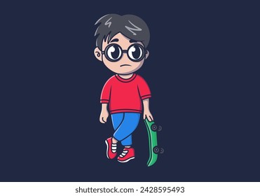 Cute man character standing with skate board illustration design. Isolated background