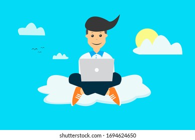 Cute man, cheerful businessman sitting on cloud and working on laptop, looking at camera smiling. Freelance work concept. Eps Vector Illustration, flat style