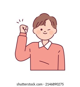  A cute man is cheering with his clenched hands raised. outline simple vector illustration.