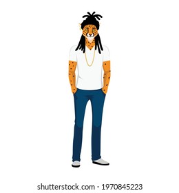 Cute Man cheetah mascot- cartoon animal character. Vector illustration in flat style isolated on white background.