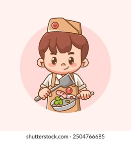 Hombre lindo chef cocinero chibi kawaii personaje mascota diseño restaurante cafetería tienda logo estilo de contorno
