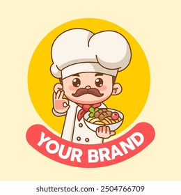 Cute man chef cook chibi kawaii character mascot design restaurant cafe shop logo outline style