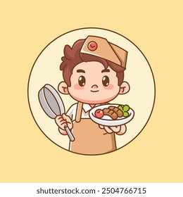 Hombre lindo chef cocinero chibi kawaii personaje mascota diseño restaurante cafetería tienda logo estilo de contorno