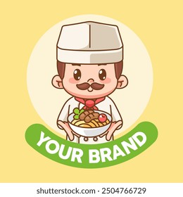 Cute man chef cook chibi kawaii character mascot design restaurant cafe shop logo outline style