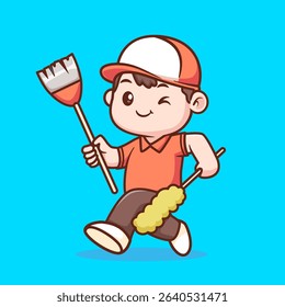 Cute Man Cleaning With Broom And Duster Cartoon Vector Icon Illustration. People Healthy Icon Concept Isolated Premium Vector. Flat Cartoon Style
