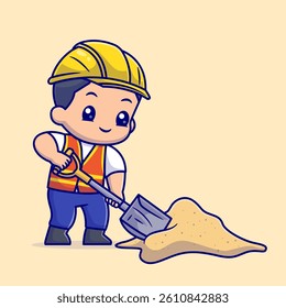 Cute Man Contractor Holding Shovel Cartoon Vector Icon Illustration. People Building Icon ConceptIsolated Premium Vector. Flat Cartoon Style