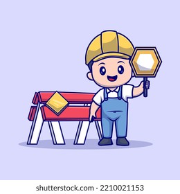 Cute Man Contractor Holding Traffic Sign Cartoon Vector Icon Illustration. People Construction Icon Concept Isolated Premium Vector. Flat Cartoon Style