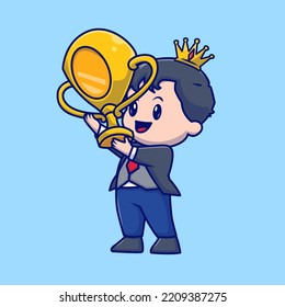 Hombre lindo con la corona sosteniendo el trofeo de oro Ilustración del vector de dibujos animados. El Vector Premium Aislado Es Un Concepto De Icono De Financiación De Personas. Estilo de dibujo plano