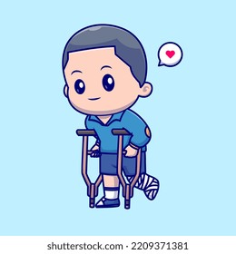 Cute Man with Crutch and Bandage in Leg Cartoon Vector Icon Illustration. People Nature Icon Concept Isolated Premium Vector. Flat Cartoon Style