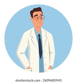 Cute man doctor in white coat. Flat vector illustration on blue background. 