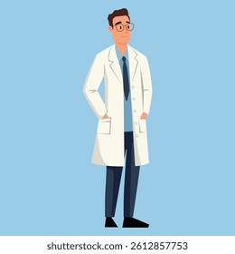 Cute man doctor in white coat. Flat vector illustration on blue background. 