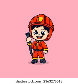 cute man dressed as a firefighter with a water hose