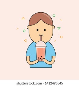 cute man drinking bubble tea. vector illustration