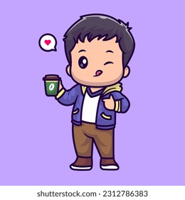 Cute Man Drinking Coffee Cartoon Vector Icon Illustration. People Drink Icon Concept Isolated Premium Vector. Flat Cartoon Style