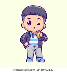Cute Man Drinking Soda Cartoon Vector Icon Illustration. People Drink Icon Concept Isolated Premium Vector. Flat Cartoon Style
