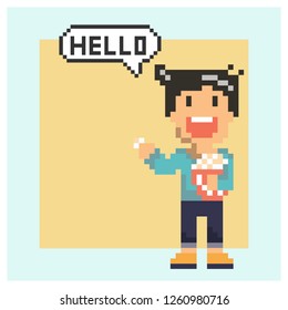 cute man eating popcorn in pixel art style