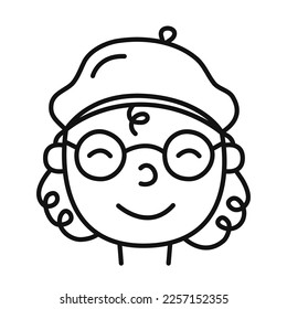 Cute man face portrait with glasses and beret in doodle line style. Avatar. Social network concept. Hand-drawn vector illustration isolated on white background.