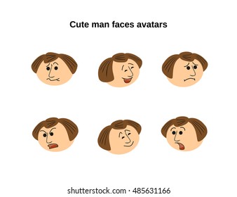 Cute man faces showing different emotions. Fun smiles character avatars with expression.  Vector illustration
