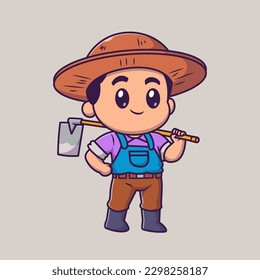 Cute Man Farmer Holding Hoe Cartoon Vector Icon Illustration. People Nature Icon Concept Isolated Premium Vector. Flat Cartoon Style