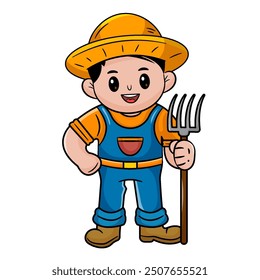 Cute Man Farmer Holding Rake. Farming and Agriculture Concept, Work and Harvest Cartoon Character