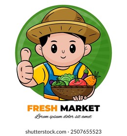 Cute Man Farmer Modern Logo. Bio-Obst- und Gemüseshop