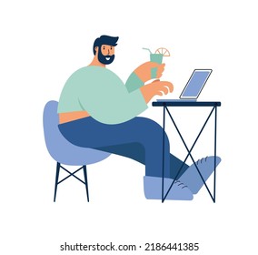 Cute Man flach arbeitet auf Laptop und trinken Limonade flache Vektorsymbol Illustration. People Technology Icon Concept einzeln auf weißem Hintergrund.
