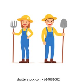 Cute man and girl farmers. Vector illustration in cartoon style