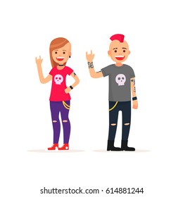 Cute man and girl rockers, panks. Vector illustration in cartoon style