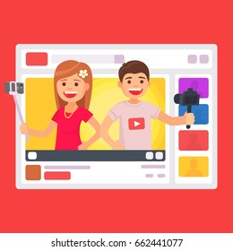 Cute Man And Girl Video Bloggers. Vector Illustration In Cartoon Style