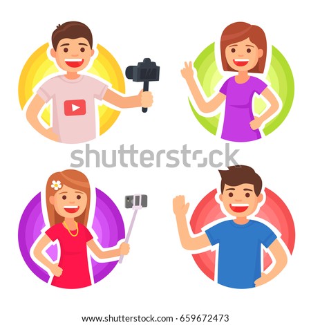 Cute man and girl video bloggers. Vector illustration in cartoon style