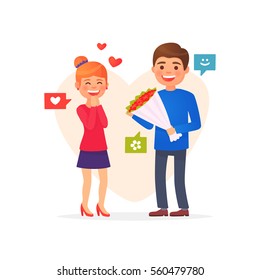 Cute man gives woman bouquet of flowers. Vector illustration in cartoon style