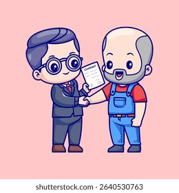Cute Man Hand Shake With Grandfather Cartoon Vector Icon Illustration. People Business Icon Concept Isolated Premium Vector. Flat Cartoon Style