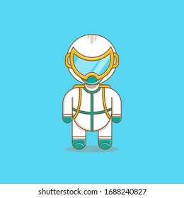 Hombre lindo en la ilustración del vector Hazmat Suit. Aislado en fondo azul. Estilo de diseño de caricaturas planas