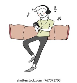 Cute man with headphones sitting comfortably among pillows and listening to music. He looking at playlist from smartphone. Music symbols included. Vector illustration with hand-drawn style.