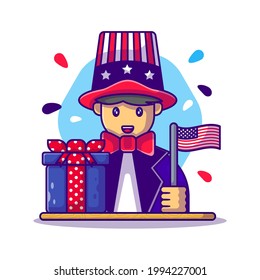 Cute Man Holding American Flag for usa independence day Cartoon Vector Illustration. USA Independence Day Icon Concept Isolated Premium Vector