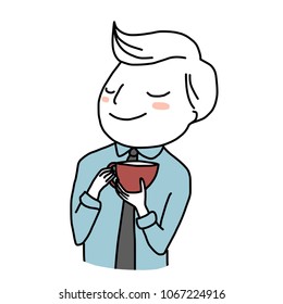 Cute man holding a coffee cup in hands and smelling aroma of coffee. Businessman smiling and smelling aroma of coffee in his hands.Vector illustration with hand-drawn style.