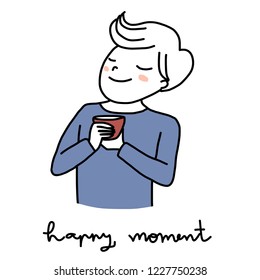 Cute man holding a coffee cup in hands and smelling aroma of coffee. Man smiling and smelling aroma of coffee or tea in his hands. Happy moment with coffee concept. Hand-drawn style vector.