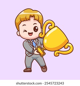 Cute Man Holding Gold Trophy Cartoon Vector Icon 
Illustration. People Finance Icon Concept Isolated Premium 
Vector. Flat Cartoon Style 