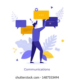 Cute man holding speech bubble or message notification. Creative concept of internet communication, online conversation on social network, instant messaging, chatting. Modern flat vector illustration.